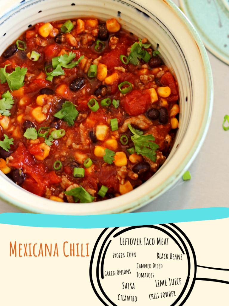 Mexicana Chili: leftover taco meat, black beans, frozen corn, canned diced tomatoes, green onions, salsa, cilantro, chili powder, lime juice