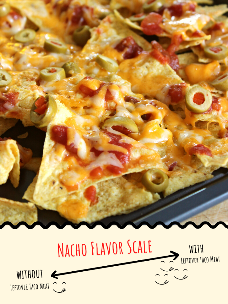 Nachos with cheese salsa and leftover taco meat filling