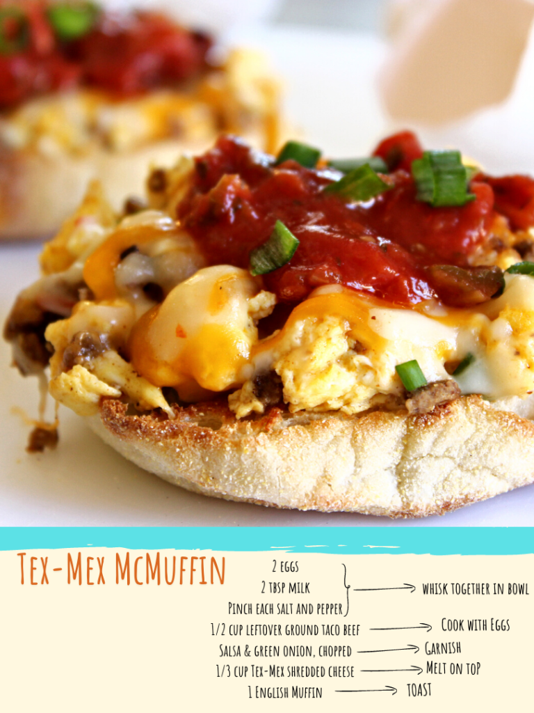Tex Mex McMuffin: 2 Eggs, 2 Tbsp milk, leftover taco meat, salsa, green onion, shredded cheese, English muffin