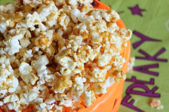 Caramel Candy Popcorn in Jack-o-Lantern bowl