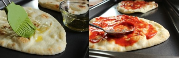 Oil before sauce for soggy-free pizza crust.