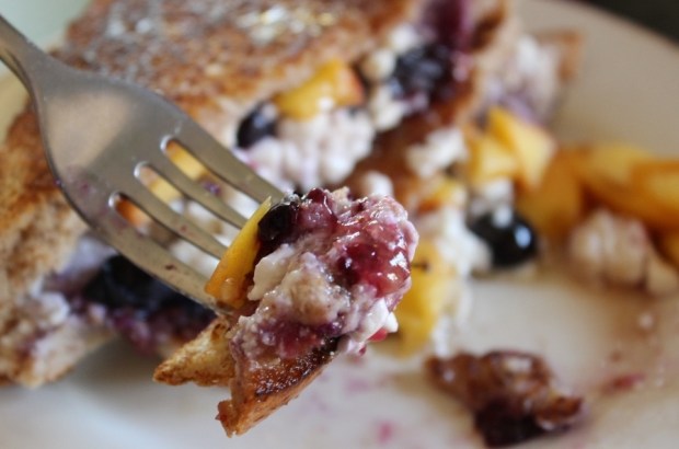 A forkful of delish! A forkful of a grilled blueberry and peach sandwich!