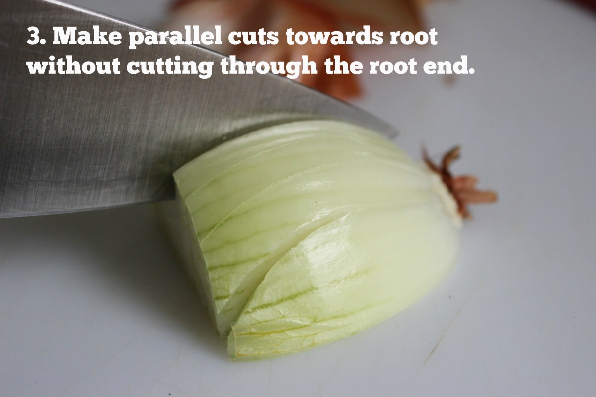 The third step to dicing an onion quickly, safely and neatly. Here's how it's done.