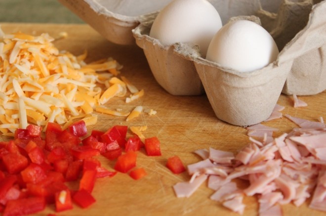 Ingredients for Coffee Mug Ham and Cheese Omelet recipe by College Recipe Cafe