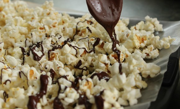 Popcorn drizzled with melted chocolate.