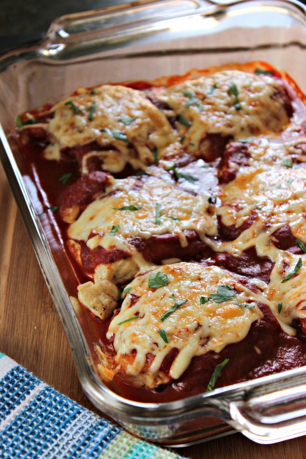 Pan Seared Chicken Parmesan topped with melted mozzarella cheese