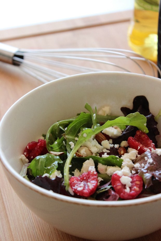 Fresh Spring Mix Salad with Feta, Almonds and Raspberries from College Recipe Cafe