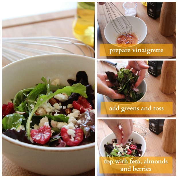 Steps to make Spring Mix Salad: 1. Prepare vinaigrette 2. Add greens and toss 3. Top with feta, berries and almonds.