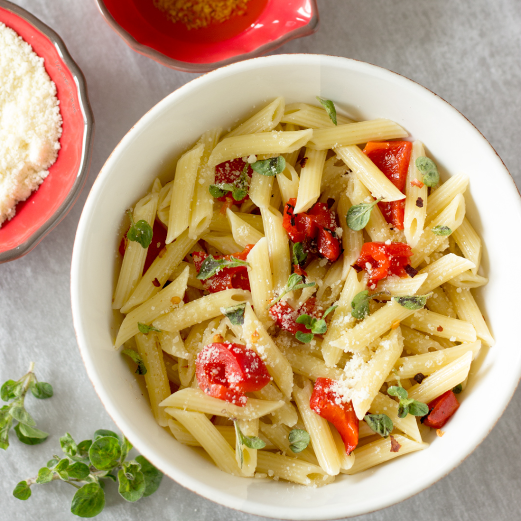 Fried Ramen Noodles with asparagus Penne pasta with roasted red peppers, fresh oregano and grated Parmesan cheese.