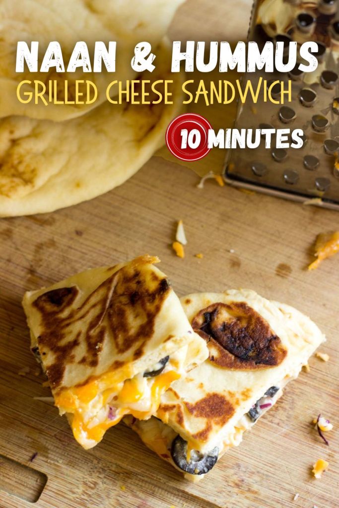 Naan Bread and Hummus Grilled Cheese Sandwich with black olives and red onion | 10 minutes to make.