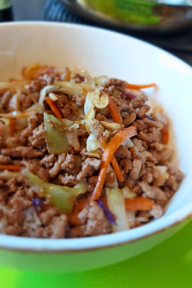 Egg Roll in a Bowl served over steamed rice.